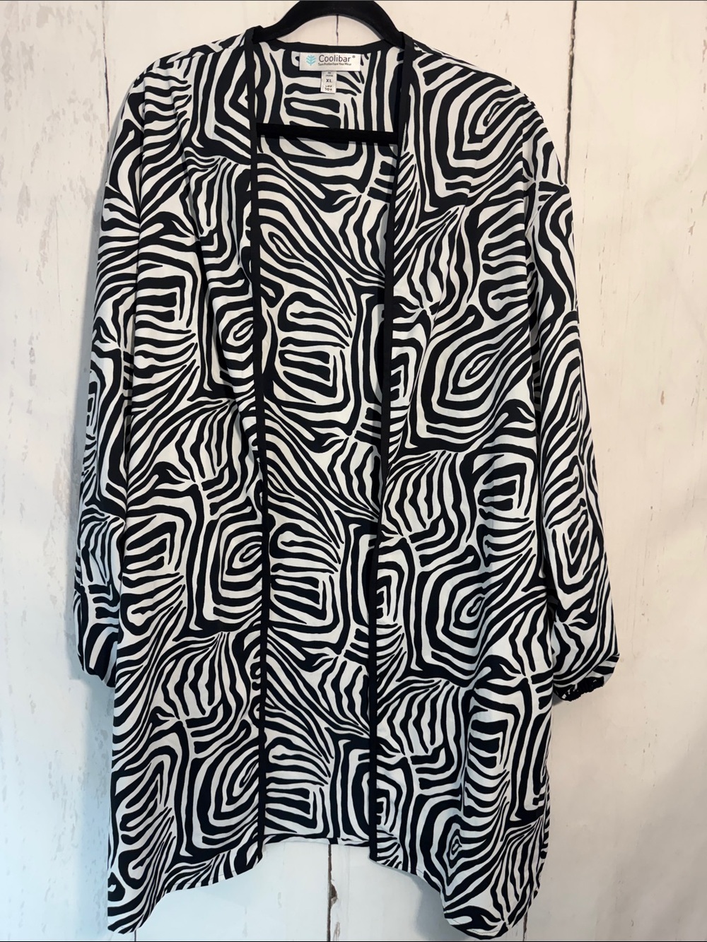 Coolibar Black & White Zebra-Print Open Front Swimsuit Cover 50+ UPF